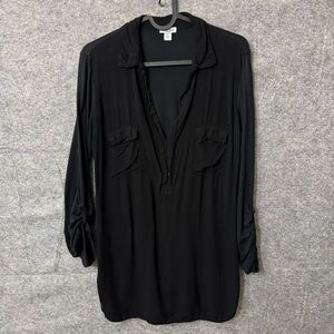 SPLENDID Long Sleeve Stretch V-Neck Tunic Black Top Rayon Collar Semi Sheer M